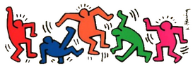 A Keith Haring drawing of variously coloured people dancing.